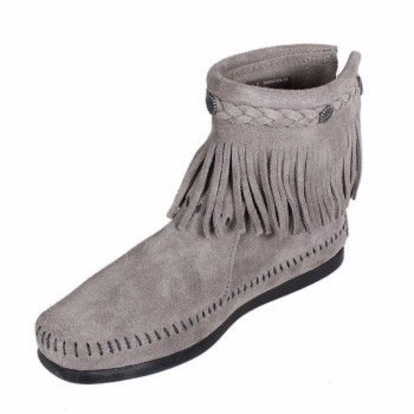 Minnetonka Gray 29IT Concho Hi Top Fringe Zip-up Moccasin Ankle Boots, 9 - Picture 3 of 9